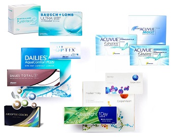 Multiple Contact Lens brands Acuvue, Air Optix, Biofinity, PureVision, ULTRA, ClearSight, Proclear