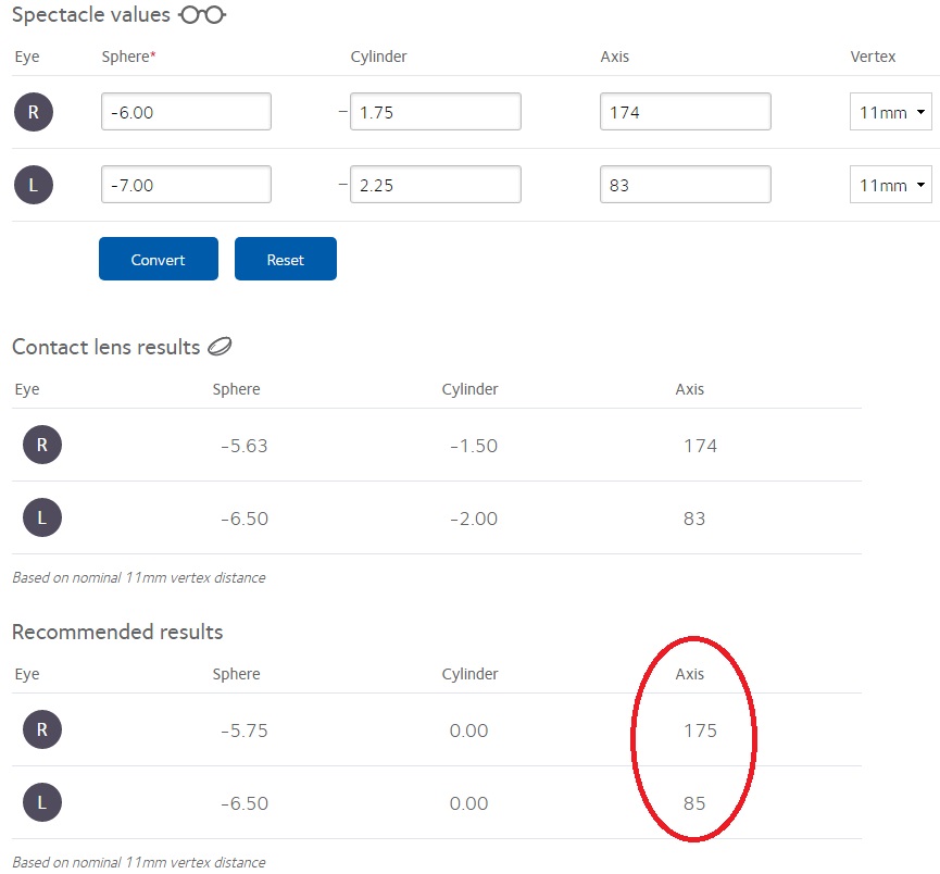 Spectacle Calculator by CooperVision - Axis rounded to nearest 5