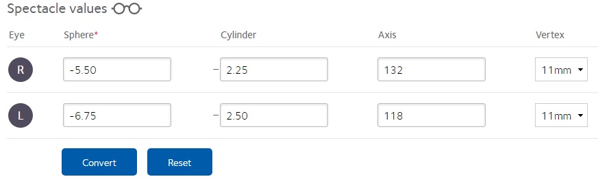 Spectacle Calculator by CooperVision - spectacle values filled in