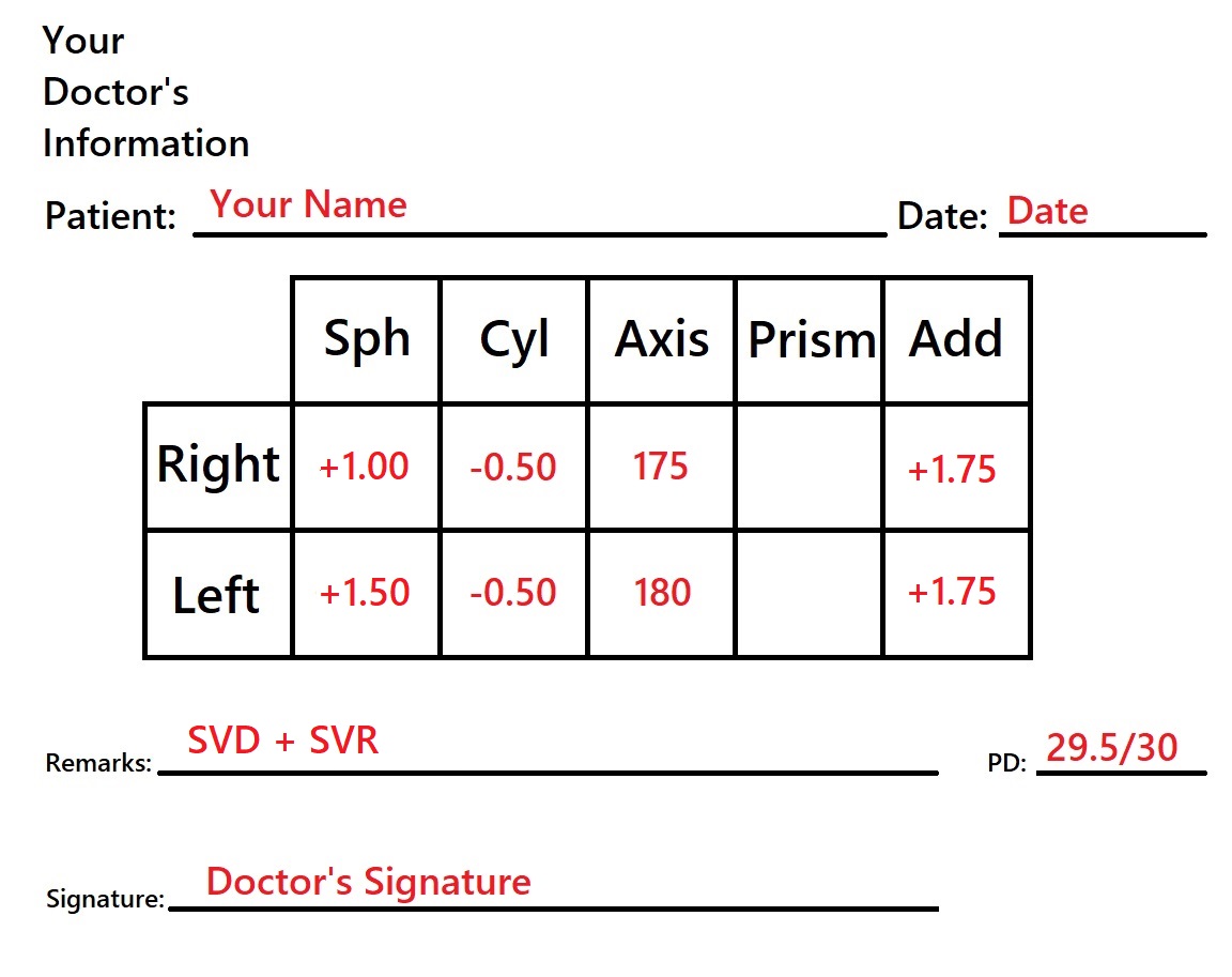 Example prescription for reading glasses and distance glasses