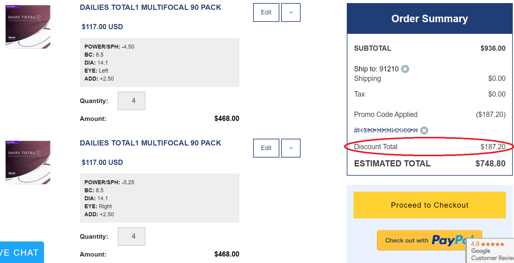 Screen Shot of Checkout for 1 year supply of Dailies TOTAL1 Multifocal