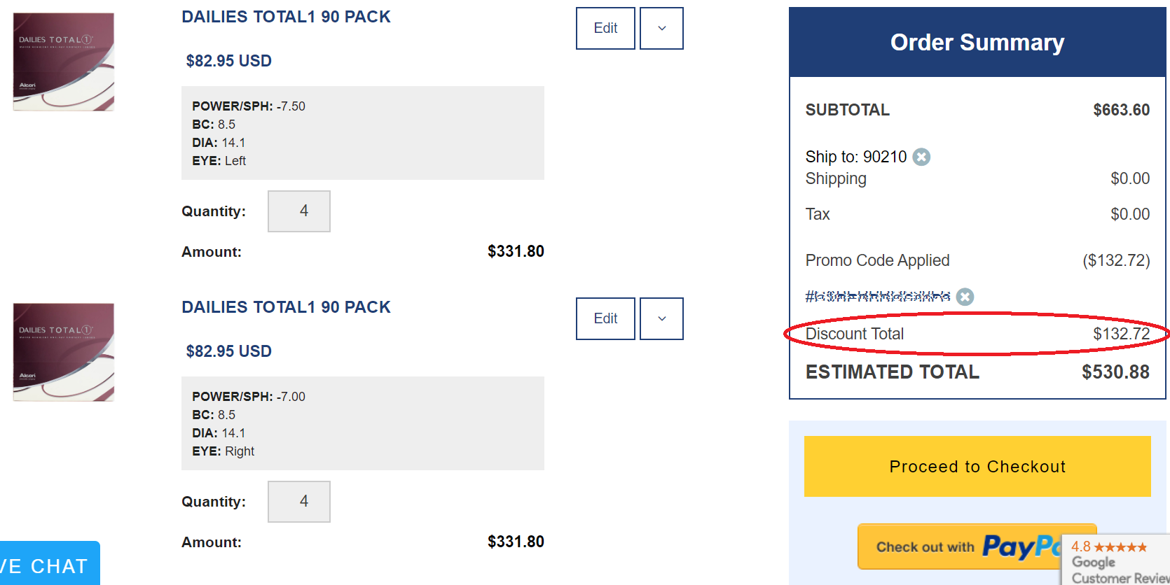 Screen Shot of Checkout for 1 year supply of Dailies TOTAL1